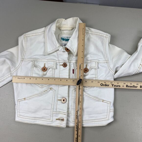 Vtg Levi’s Cropped Jean Jacket Womens Medium Beige Stretch Denim Trucker Y2K - Picture 14 of 16